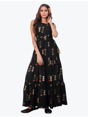 rich black fine rayon printed long indo western kurti fabku20635