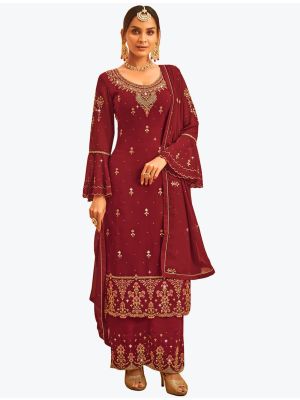 Rich Maroon Faux Georgette Embroidered Designer Palazzo Suit small FABSL21091