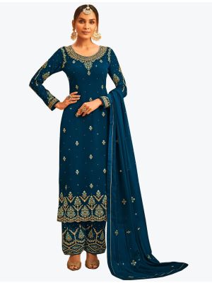 Teal Blue Faux Georgette Embroidered Designer Palazzo Suit small FABSL21094