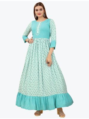 aqua blue viscose designer long kurti fabku20646