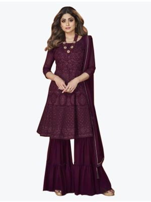 Dark Wine Georgette Embroidered Sharara Suit small FABSL21137