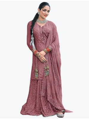 Onion Pink Faux Georgette Embroidered Sharara Suit small FABSL21142