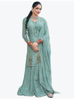 Sky Blue Faux Georgette Embroidered Sharara Suit small FABSL21141
