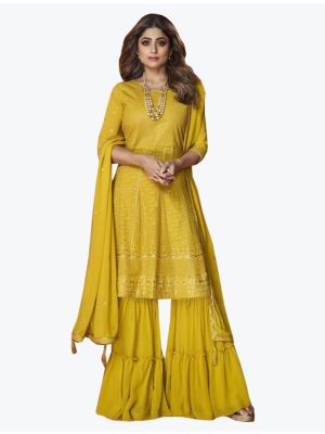 Sunny Yellow Georgette Embroidered Sharara Suit small FABSL21139