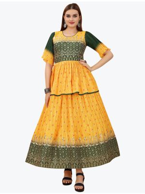 warm yellow silk designer long kurti fabku20649