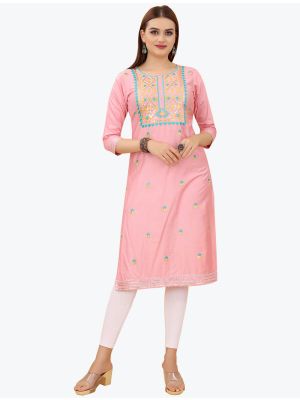 baby pink premium cotton embroidered kurti fabku20658