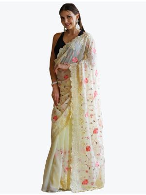 Bright Red Organza Party Wear Woven Saree small FABSA21861