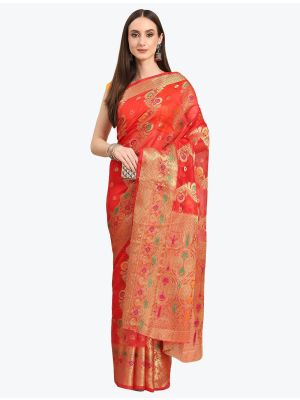 Mehendi Green Organza Party Wear Woven Saree small FABSA21862