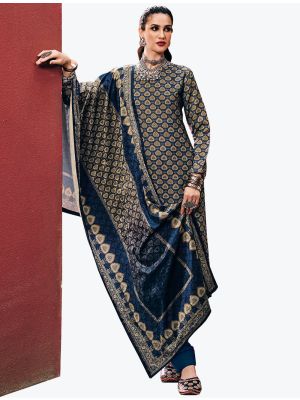 Dark Teal Embroidered Pashmina Suit With Swarovski Work small FABSL21200