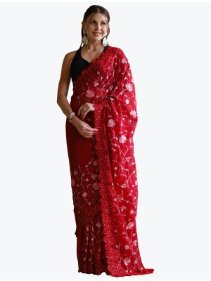 Dark Teal Georgette Party Wear Embroidered Saree small FABSA21857