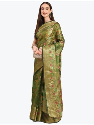 Yellow Orange Organza Party Wear Woven Saree small FABSA21863