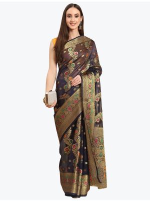 Teal Blue Organza Party Wear Woven Saree small FABSA21865