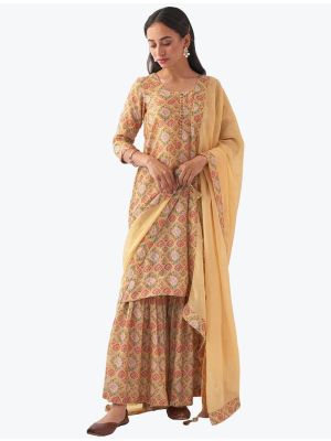 Pastel Yellow Muslin Floral Printed Readymade Sharara Suit FABSL21178