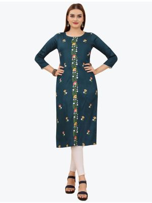 rama blue premium cotton embroidered kurti fabku20654