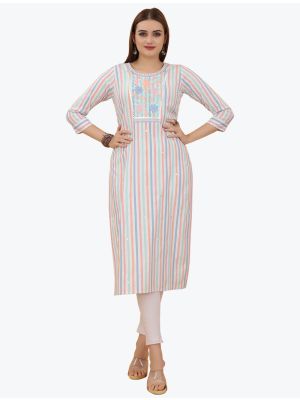 striped white premium cotton embroidered kurti fabku20657