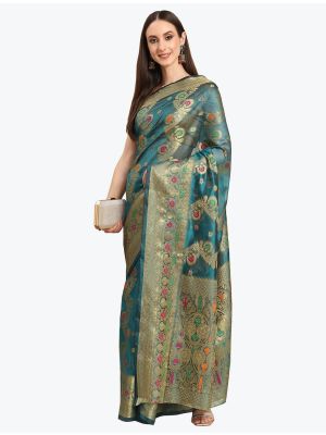 Reddish Pink Organza Party Wear Woven Saree small FABSA21866