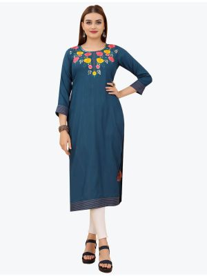 teal blue viscose rayon embroidered kurti fabku20656