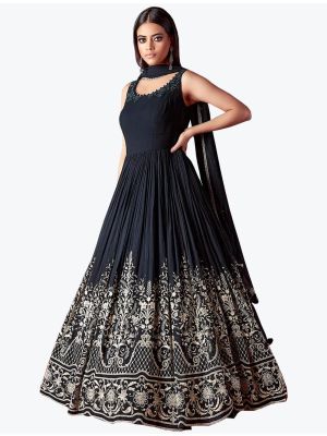 dark grey premium georgette readymade gown with dupatta   fabgo20148