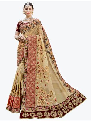 Golden Beige Georgette Zari Embroidered Designer Saree