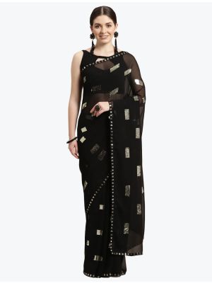 Jet Black Fancy Georgette Saree With Sequins Work
