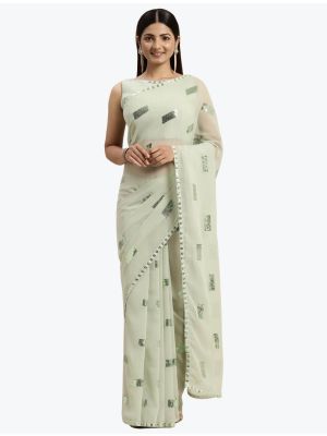Light Pista Fancy Georgette Saree With Sequins Work