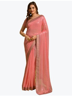 Peachy Pink Georgette Party Wear Saree