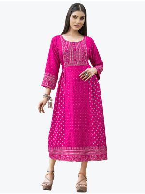 rani pink fine rayon printed long kurti fabku20676