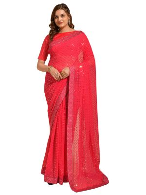 Red Pink Georgette Party Wear Saree