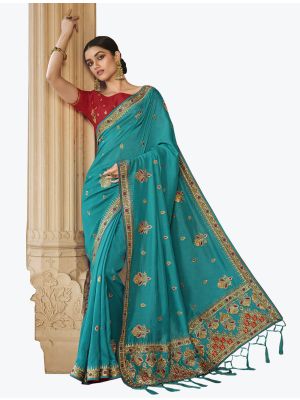 Bright Blue Art Silk Embroidered Saree With Hand Work