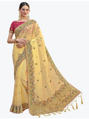 Bright Cream Art Silk Embroidered Saree With Hand Work