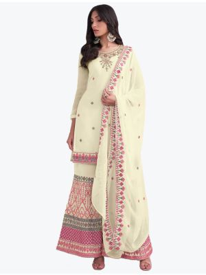 Bright Cream Pure Georgette Embroidered Sharara Suit small FABSL21266