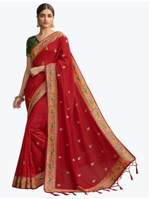 Bright Red Art Silk Embroidered Saree With Hand Work