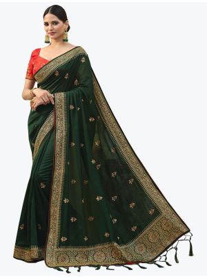 Dark Green Art Silk Embroidered Saree With Hand Work
