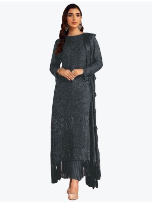 Dark Grey Faux Georgette Embroidered Pakistani Suit small FABSL21273