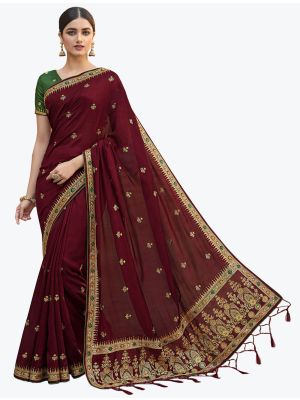 Dark Maroon Art Silk Embroidered Saree With Hand Work