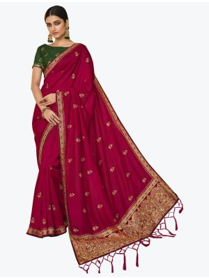 Dark Pink Art Silk Embroidered Saree With Hand Work