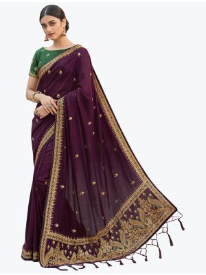 Deep Wine Art Silk Embroidered Saree With Hand Work