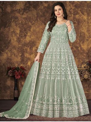 Green Net Anarkali Suit With Thread Embroidery Work small FABSL21280