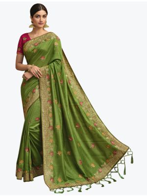 Light Green Art Silk Embroidered Saree With Hand Work