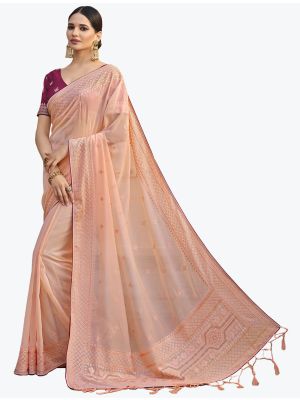 Light Peach Art Silk Embroidered Saree With Hand Work