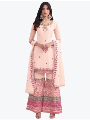 Light Peach Pure Georgette Embroidered Sharara Suit small FABSL21265