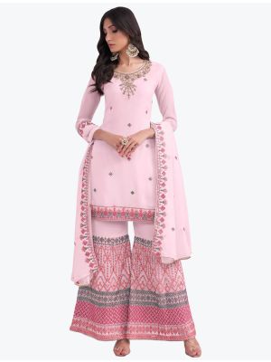 Light Pink Pure Georgette Embroidered Sharara Suit small FABSL21267