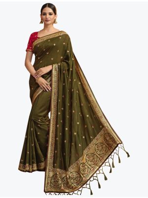 Mehendi Green Art Silk Embroidered Saree With Hand Work