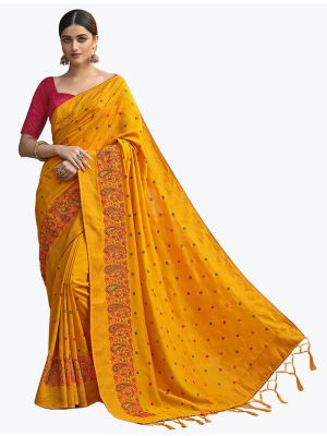 Mustard Yellow Art Silk Embroidered Saree With Hand Work