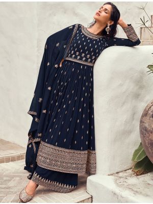 Navy Blue Faux Georgette Embroidered Sharara Suit small FABSL21276