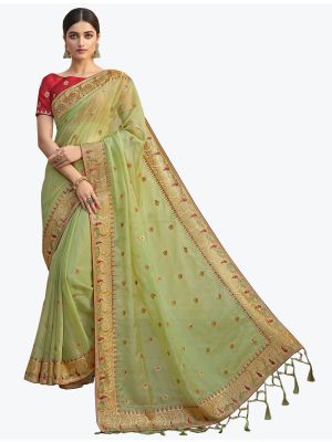 Olive Green Art Silk Embroidered Saree With Hand Work