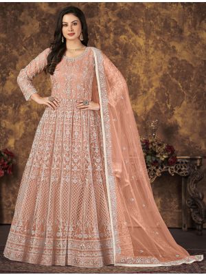 Peach Net Anarkali Suit With Thread Embroidery Work small FABSL21282