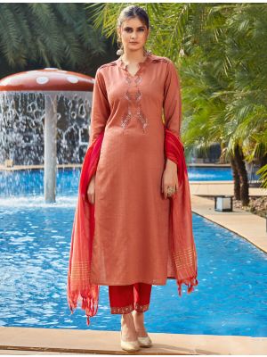 Peach Viscose Dobby Readymade Palazzo Suit With Hand Work FABSL21300
