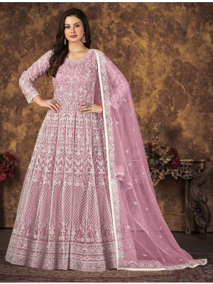 Pink Net Anarkali Suit With Thread Embroidery Work small FABSL21279