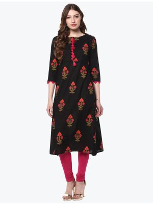 printed black cotton casual wear kurti fabku20719